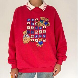 90s vintage red teddy bear animal graphic collared cotton pullover sweatshirt
